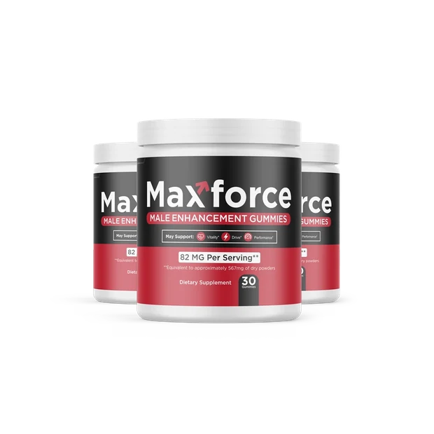Maxforce three-bottle pack render, 3 black and red jars of 30 gummies