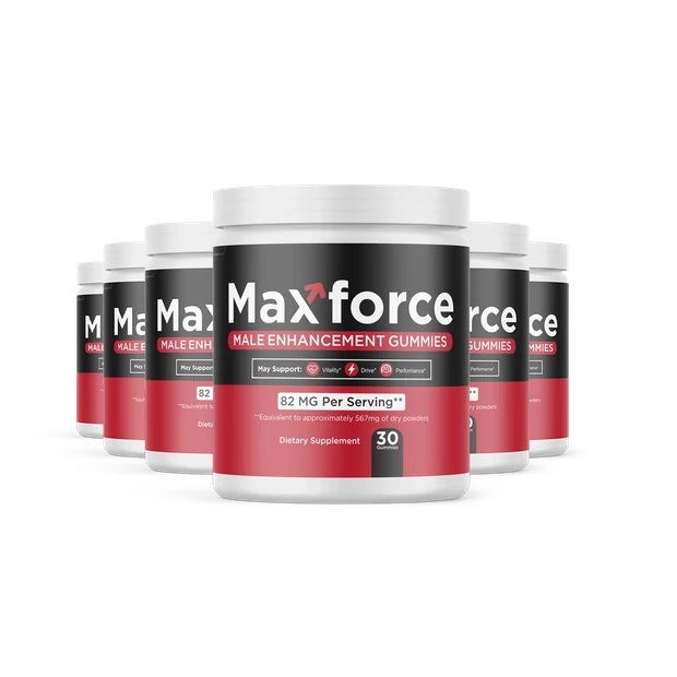 Maxforce six-bottle pack render, 6 black and red jars of 30 gummies