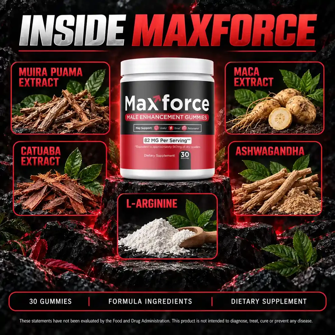 The Inside Maxforce listing card, showing five ingredients arranged around the jar: muira puama, maca, catuaba, ashwagandha and L-arginine