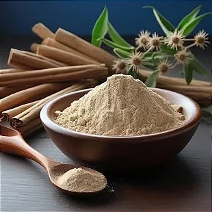 Ashwagandha root and root powder on a neutral surface