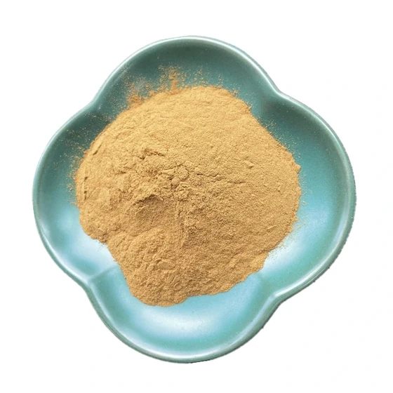 Maca root extract powder, pale amber, in a dish